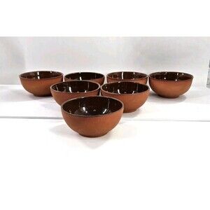 Vtg Set Of 7 Pottery Clay Terra Cotta  Cereal Soup Salad Bowls Glazed Interior